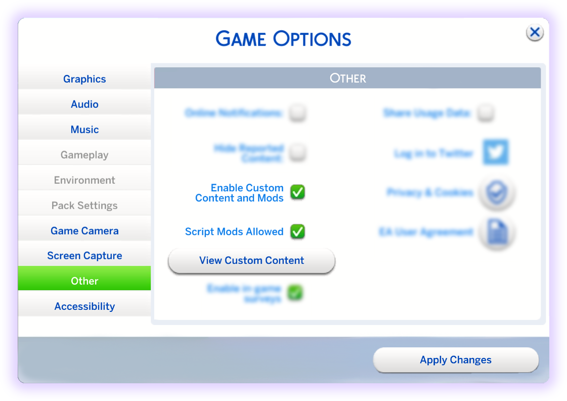 Game settings for enabling mods
